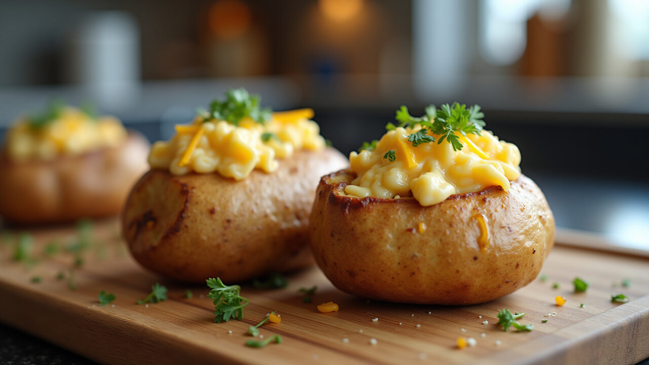 Stuffed potato in air fryer, melted cheese, herbs, quick meal, kitchen counter, natural light, 8K, Batata recheada na airfryer.