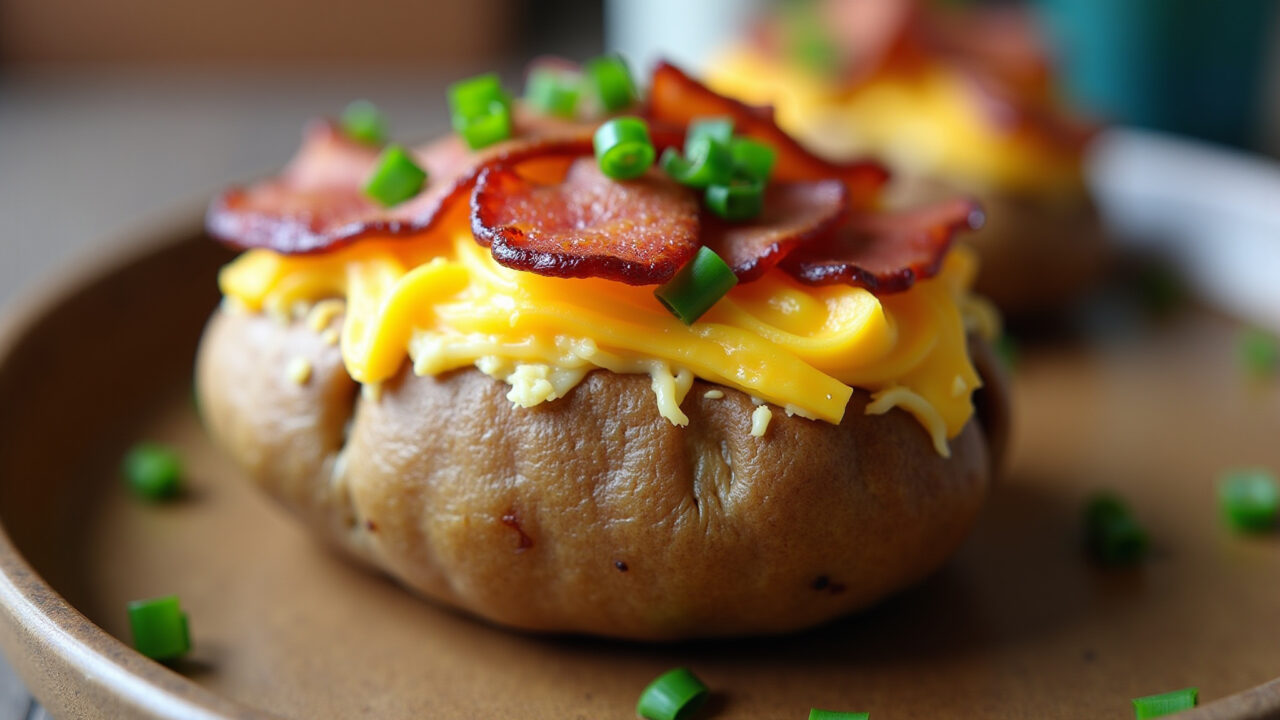 Stuffed potato with bacon, cheddar, chives, baked, close-up, flavorful, rustic setting, natural Batata recheada com bacon e cheddar.