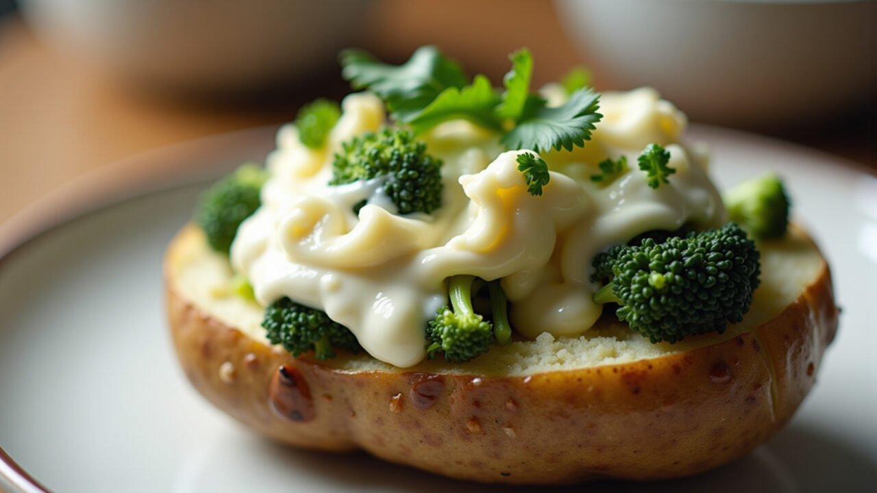 Stuffed potato with broccoli, cottage cheese, mozzarella, cream, baked, healthy eating, natural Batata recheada com brócolis e queijo.