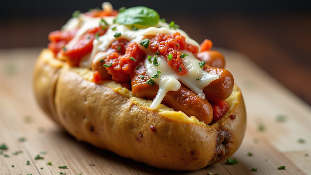 Stuffed potato with calabrese sausage, onion, bell pepper, provolone, oregano, baked, spicy flavor, Batata recheada com linguiça calabresa.