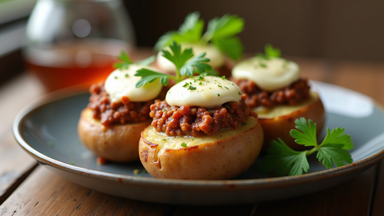 Stuffed potato with ground beef, melted mozzarella, fresh parsley, served on a rustic wooden table, Batata recheada com carne moída e queijo derretido.