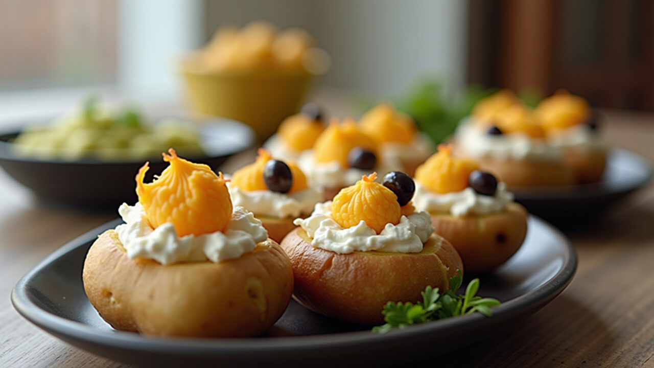 Stuffed potato with hearts of palm, cream cheese, olives, baked, elegant presentation, natural Batata recheada com palmito e requeijão.
