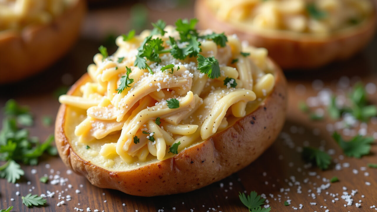 Stuffed potato with shredded chicken, creamy cheese, parmesan, parsley, baked, close-up, natural Batata recheada com frango desfiado e requeijão.