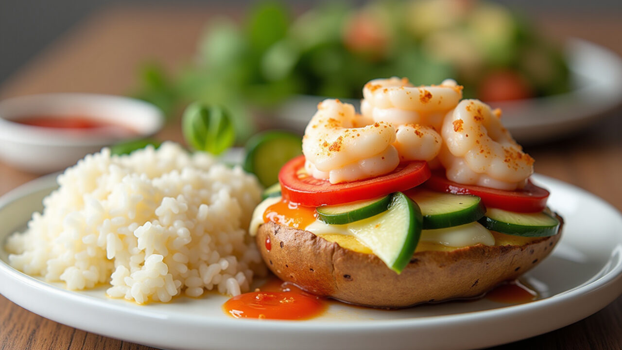 Stuffed potato with shrimp, tomato, bell pepper, mozzarella, baked, gourmet dish, white rice, Batata recheada com camarão.