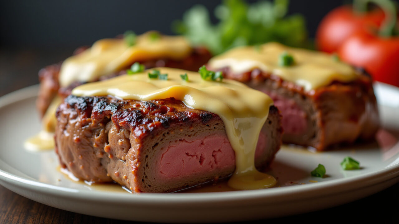 Stuffed steak with cheese and ham, professional photography, 8k quality, sharp focus, natural Bife recheado com queijo e presunto.