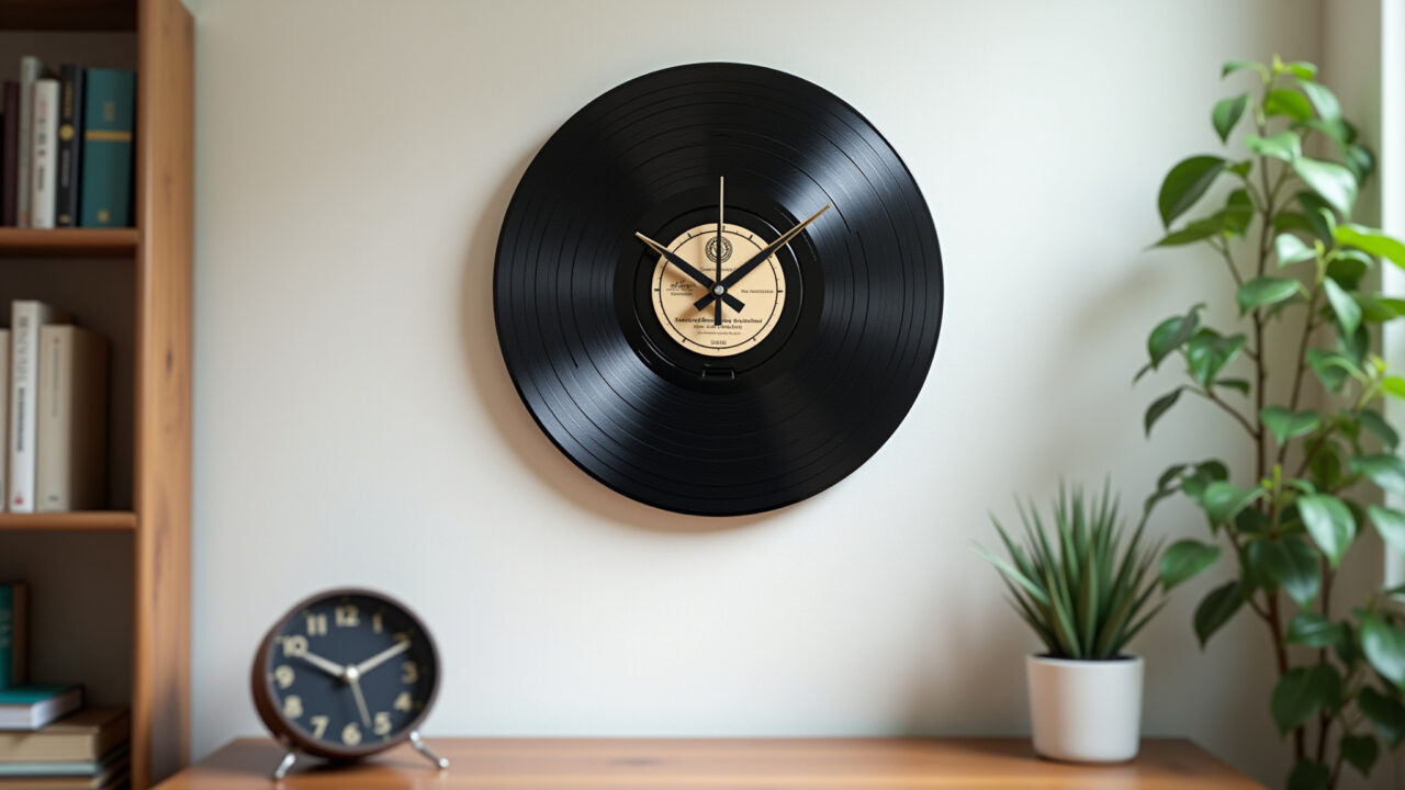 Stylish vinyl record clock, repurposed decor, Brazilian office, vintage design, 8K quality, sharp Relógio de parede estiloso feito com disco de vinil.