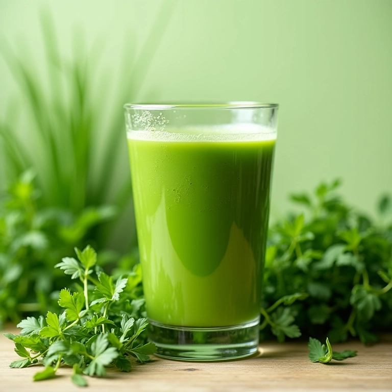 Suco de wheatgrass ao lado de vegetais verdes frescos.
