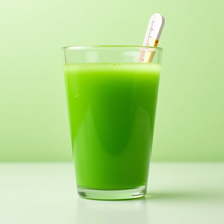 Suco de wheatgrass com colher medidora.