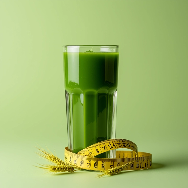 Suco de wheatgrass com fita métrica ao lado.