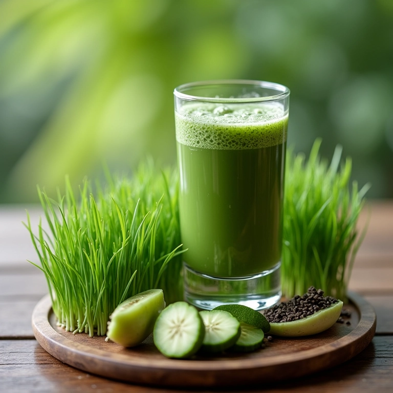 Suco de wheatgrass e um prato equilibrado.