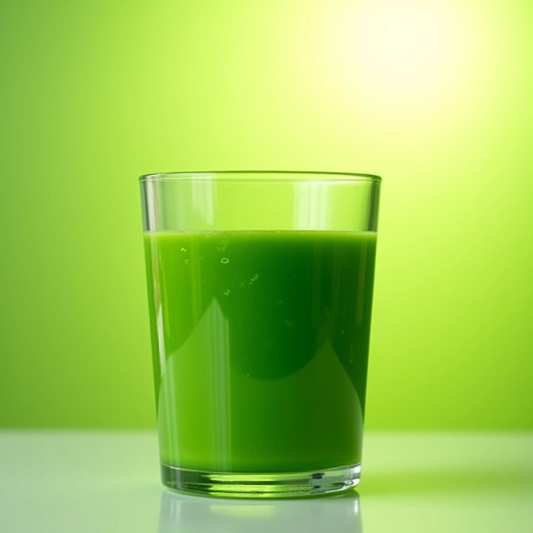 Suco de wheatgrass verde vibrante em um copo sob a luz do sol.