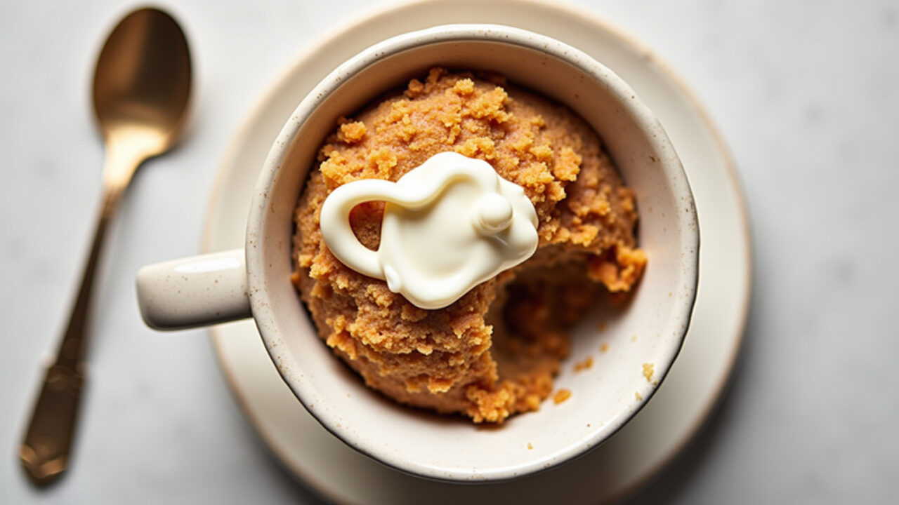 Sugar-free carrot mug cake, xylitol, cinnamon, light cream cheese frosting, diabetic-friendly, 8k, Bolo de cenoura de caneca sem açúcar com xilitol.