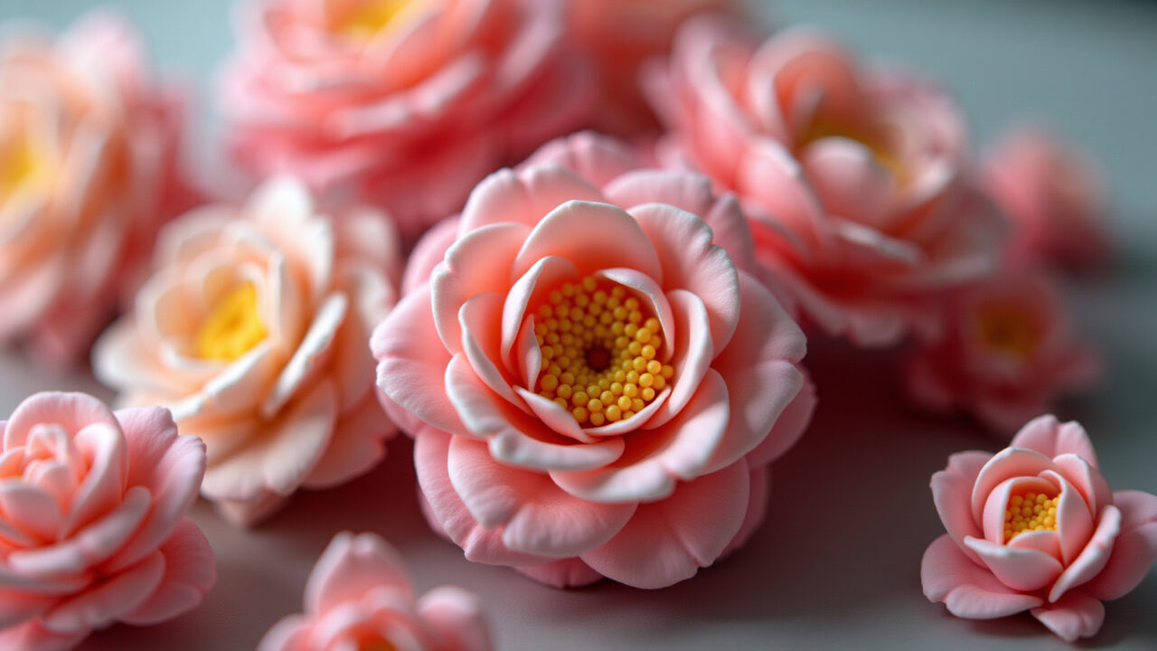 Sugar paste flowers, professional photography, 8K quality, natural lighting, sharp focus, Modelagem de flores em pasta americana.