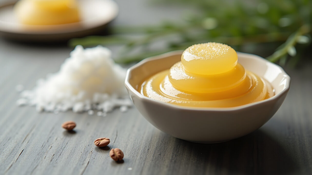Sugar paste ingredients (agar-agar), professional photography, 8K quality, natural lighting, sharp Pasta americana vegana com ágar-ágar.