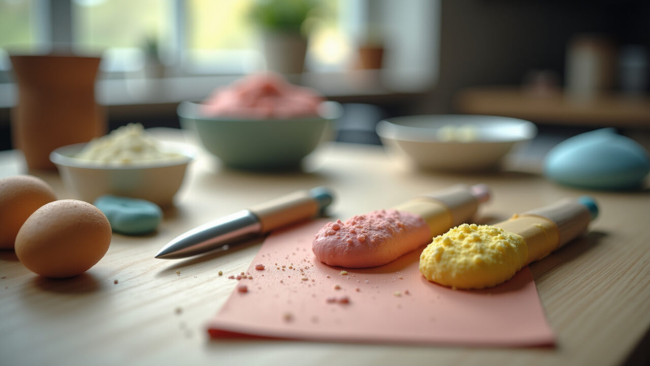 Sugar paste tools on a table, professional photography, 8K quality, natural lighting, sharp focus, Ferramentas essenciais para trabalhar com pasta americana.