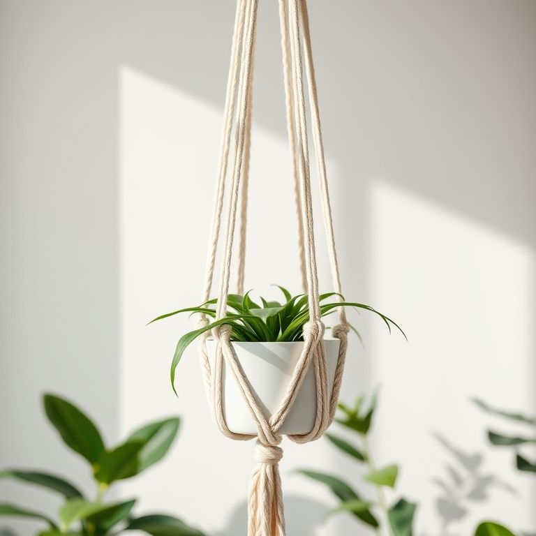 Suporte de planta em macramê de algodão cru em ambiente minimalista.