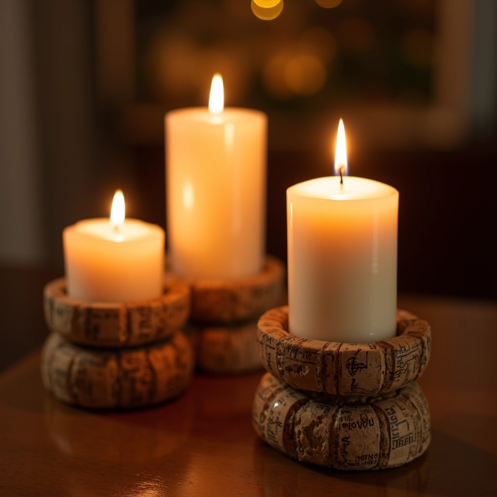 Suporte de velas rústico com rolhas de vinho.