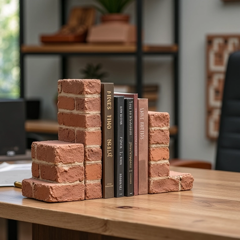Suportes para livros estilosos feitos de tijolos reciclados em um escritório doméstico.
