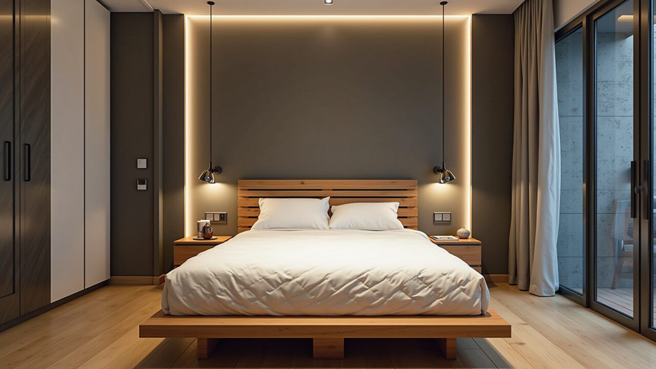 Suspended pallet bed, modern bedroom, Brazilian style, indirect lighting, professional photography, Cama de paletes suspensa em quarto moderno.