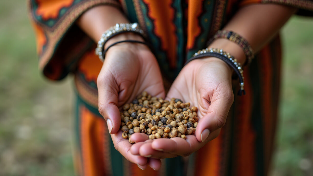 Artesã trabalhando com materiais naturais da moda indígena.