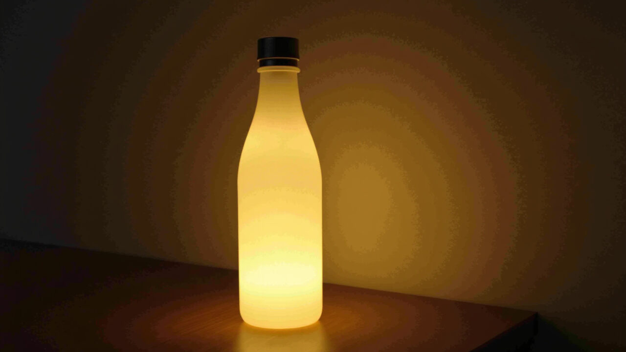 Sustainable PET bottle lamp with LED, eco-friendly, Brazilian home, warm light, natural lighting, Luminária PET sustentável com lâmpada LED, economia e consciência.