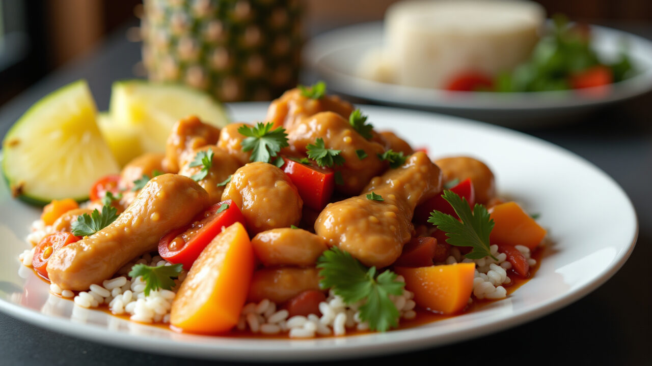 Sweet and sour chicken, colorful vegetables, pineapple, white rice, Brazilian table setting, Frango agridoce caseiro delicioso.