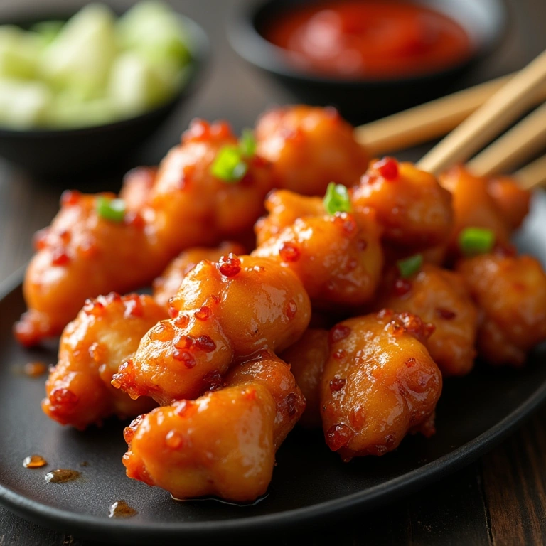 Sweet and sour chicken skewers, glazed and appetizing. Professional photography, 8K quality, sharp Espetinho de frango agridoce com molho brilhante, explosão de sabores.