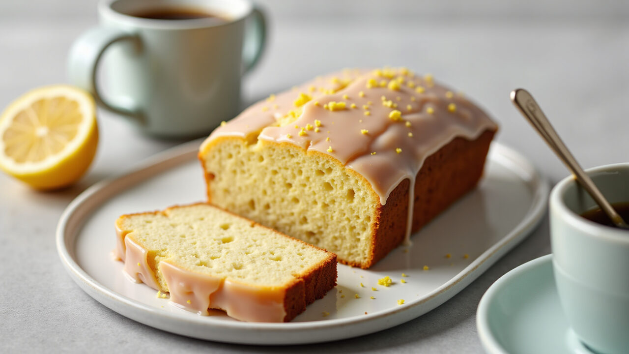 Sweet bread loaf with sugar glaze and lemon zest, on a plate, cup of coffee, bright kitchen, Pão doce caseiro com glacê e raspas de limão.