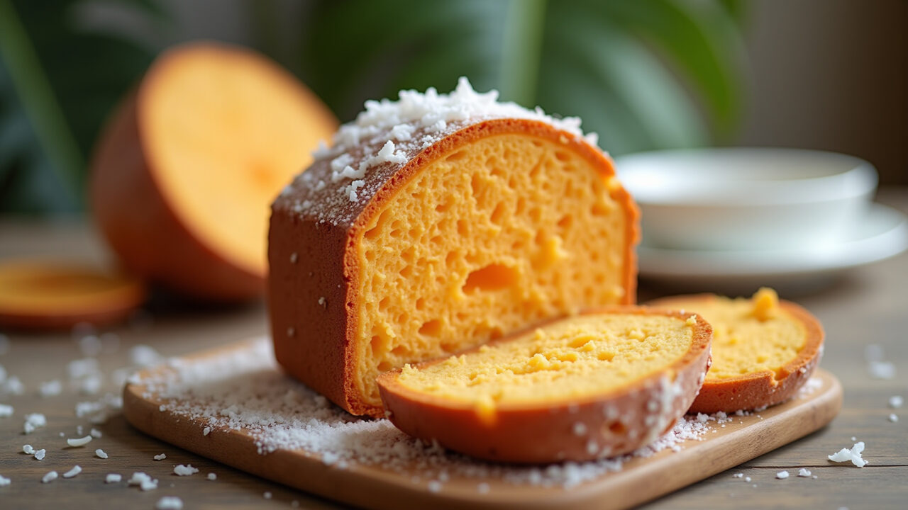 Sweet potato and coconut cake slice, tropical, natural light, 8K quality, sharp focus, Bolo de batata doce com coco.