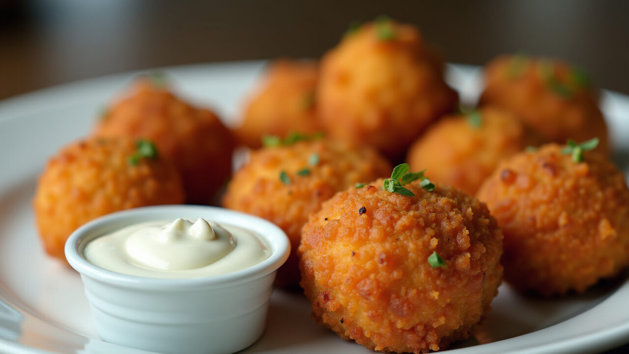 Sweet potato chicken croquettes, plate, dipping sauce, close-up, professional photography, 8K Croquete de galinha picada com batata doce.