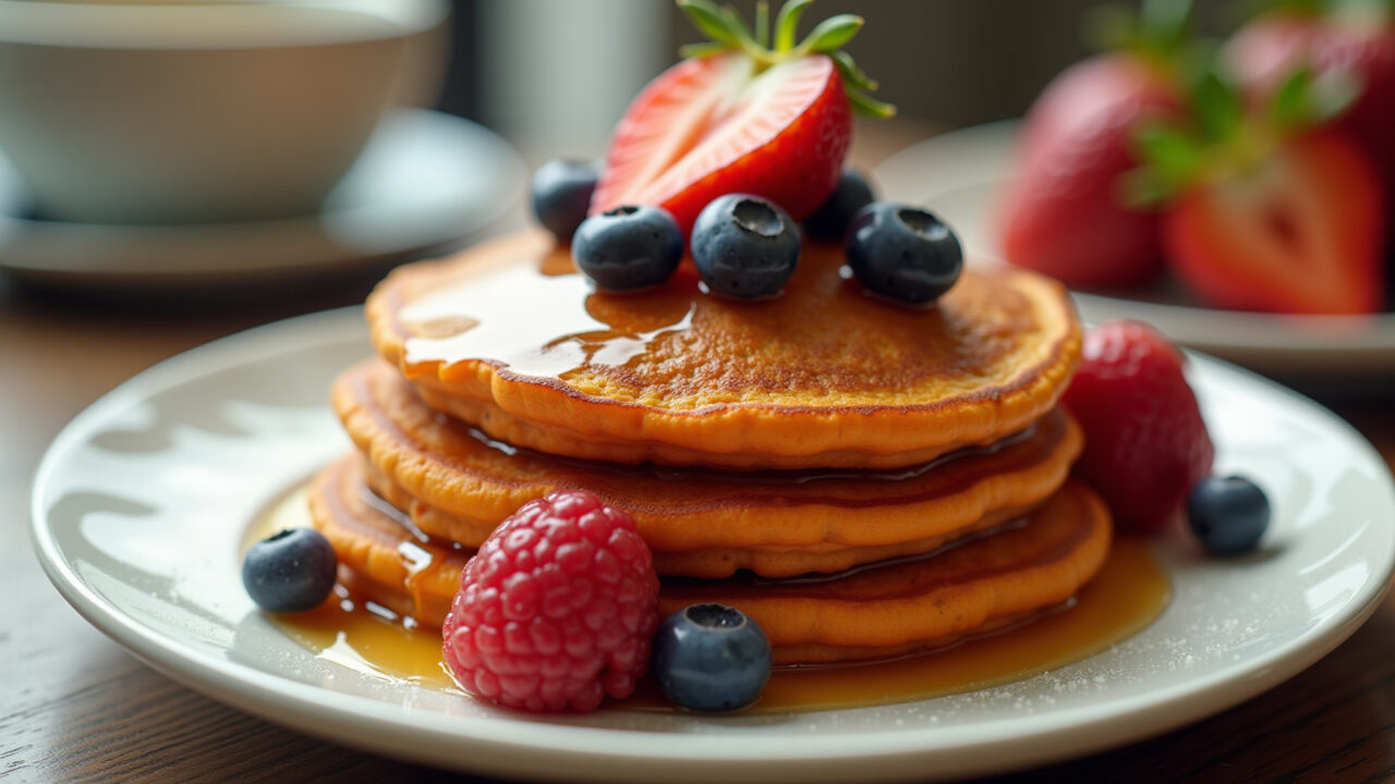 Sweet potato pancakes, fresh fruit, maple syrup, natural light, 8K quality, sharp focus, Panquecas de batata doce com frutas.