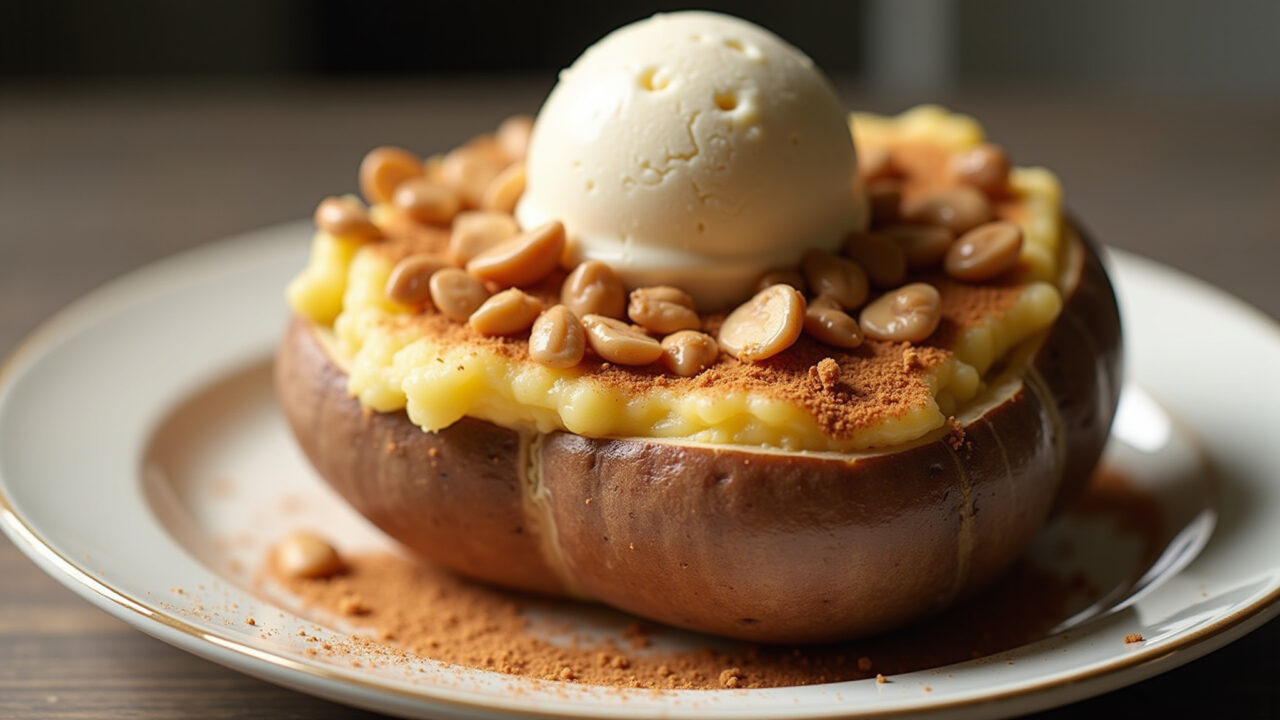 Sweet stuffed potato with mashed potato, sugar, cinnamon, butter, nuts, ice cream scoop, dessert, Batata recheada doce com canela e nozes.