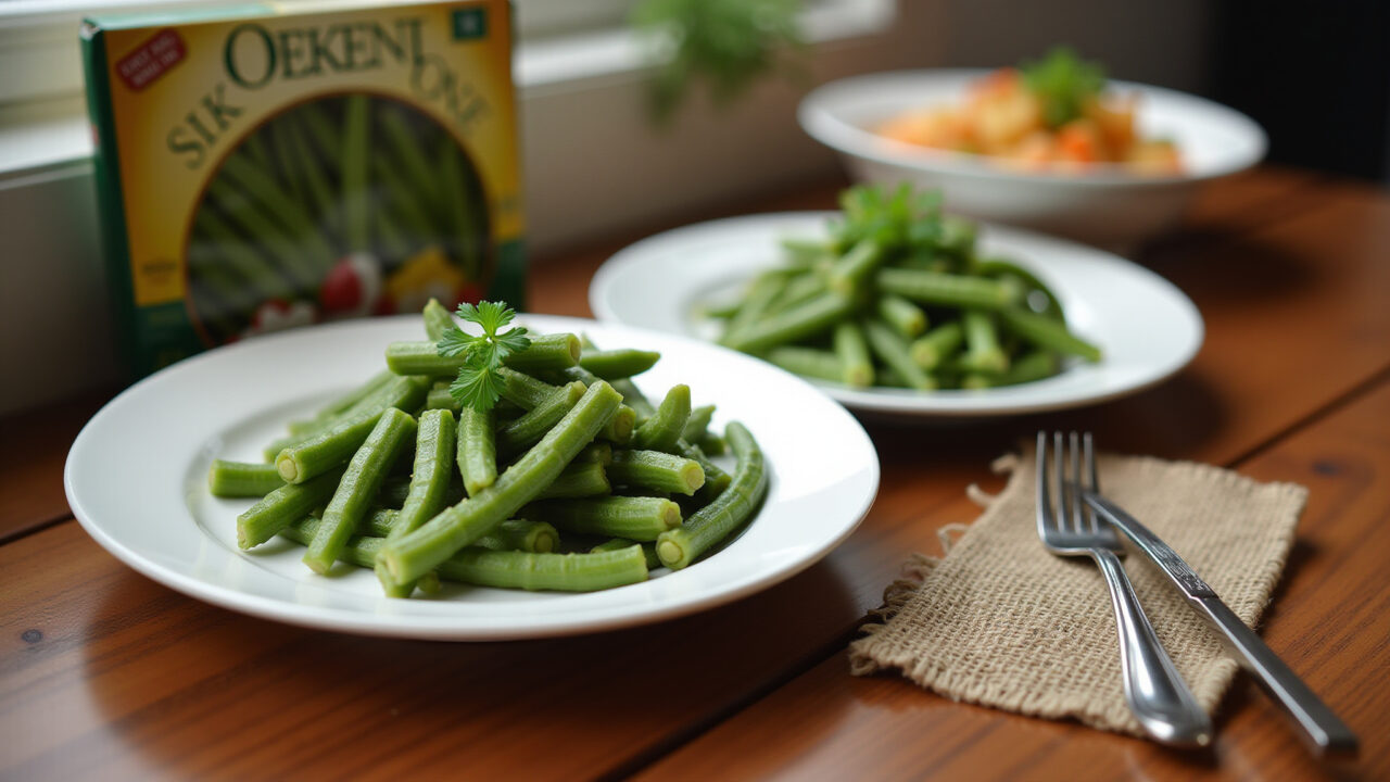 Table with okra dishes, frozen okra package, professional photography, 8K quality, sharp focus, Mesa com pratos de quiabo e embalagem congelada.