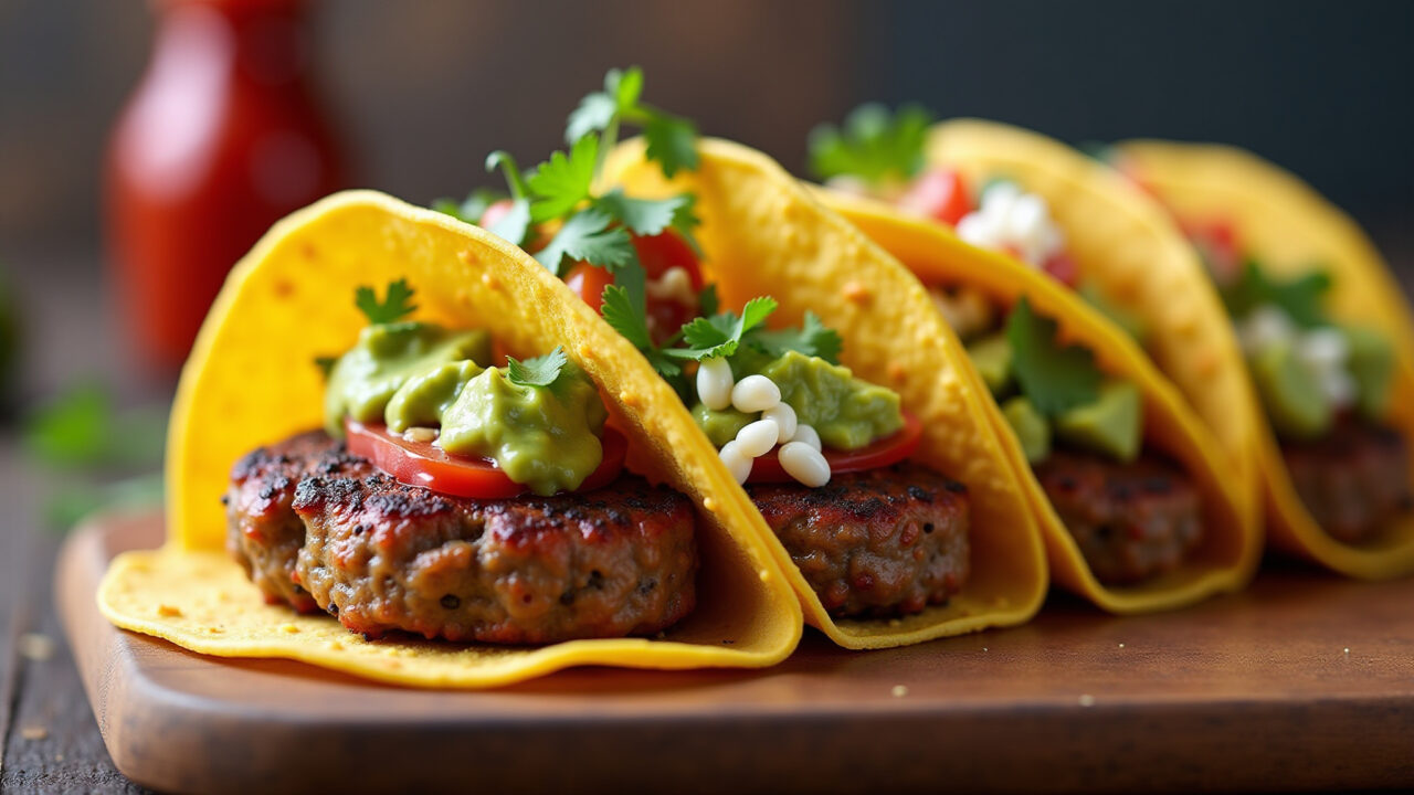 Tacos with seasoned hamburger meat, guacamole, toppings, vibrant colors, Mexican spices, 8K Tacos com carne de hambúrguer e guacamole.