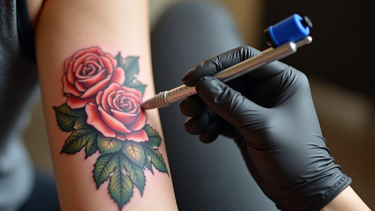 Tattoo artist retouching faded colorful tattoo on woman's arm. Professional photography, 8K Retoque de tatuagem desbotada para reavivar a cor.