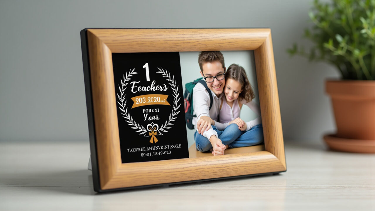 Teacher's day 1-year anniversary gift, photo frame with class picture, 8K quality, sharp focus, Lembrancinha de 1 ano do professor na escola: porta-retrato com foto da turma.