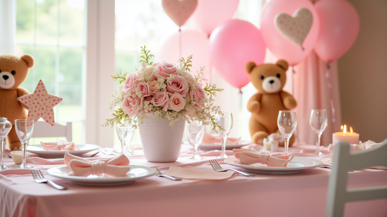 Teddy bear themed party, pink decorations, soft lighting, professional photography, 8K quality, Mesa decorada para festa ursinha rosa, estilo Farm Rio.