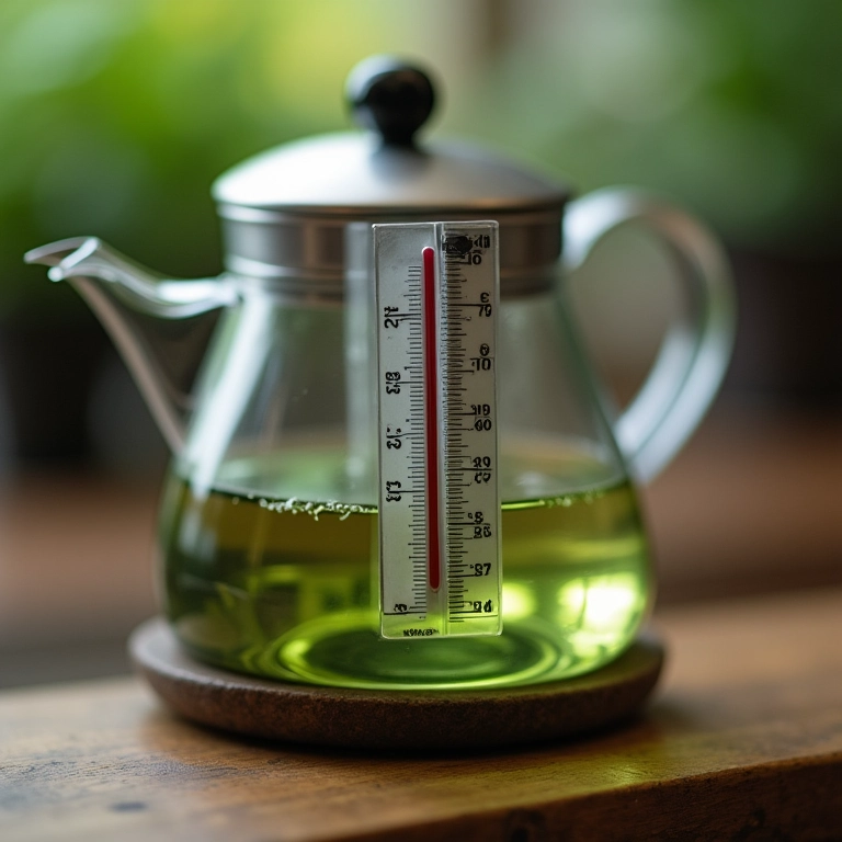Termômetro medindo a temperatura ideal da água para chá verde.