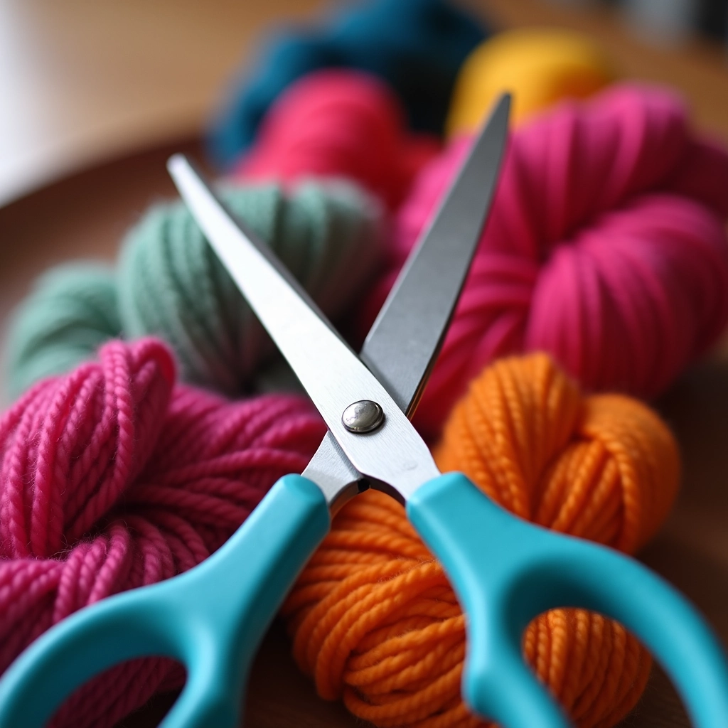 Tesoura cortando lã durante a criação de uma mandala Ojo de Dios.