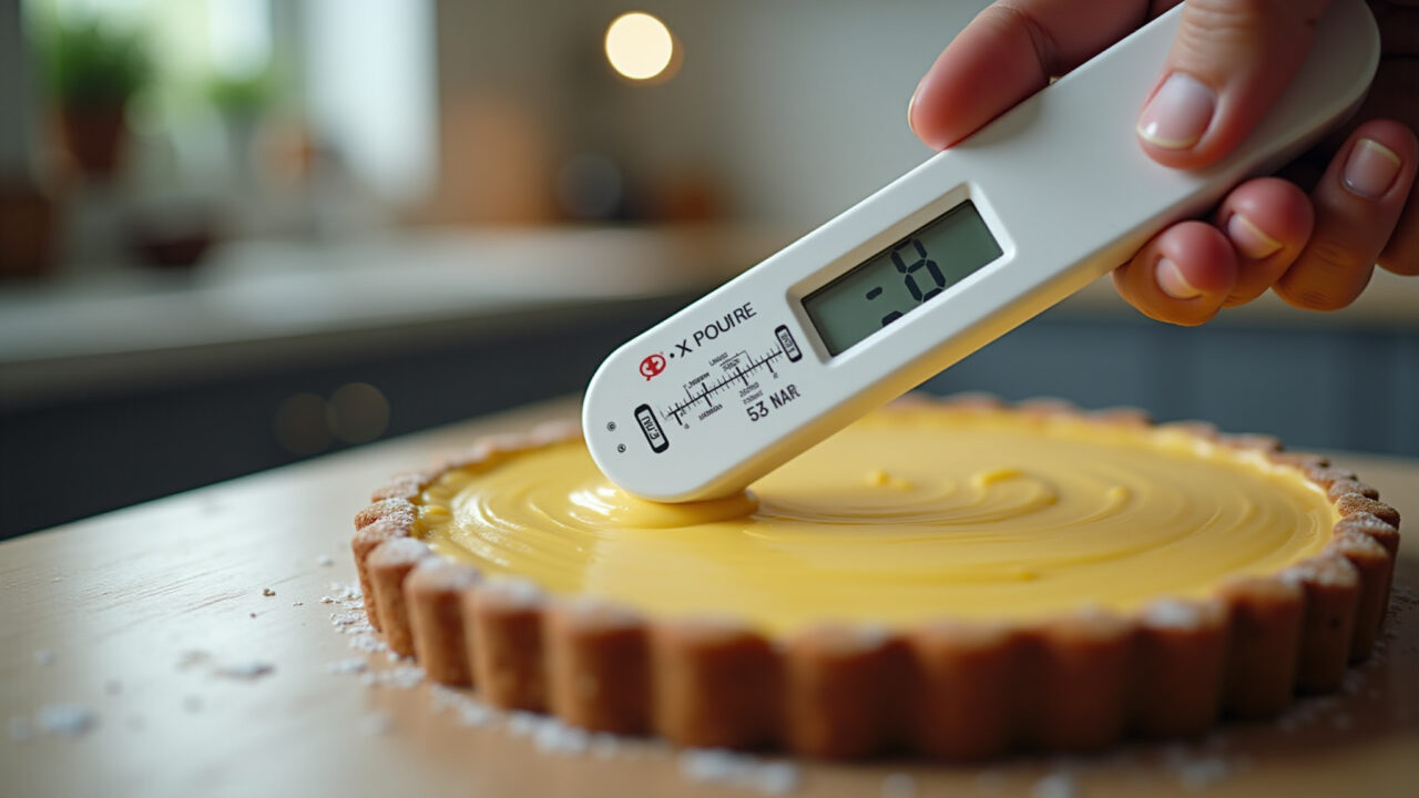 Thermometer measuring sugar paste temperature, professional photography, 8K quality, natural Termômetro medindo a temperatura ideal da pasta americana.