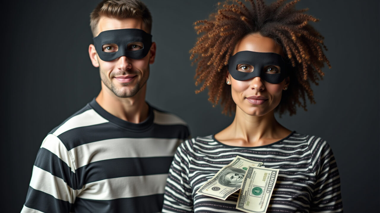 Thief and Money couple costume, mask, black and white stripes, fake money on dress, economical, Fantasia econômica de Halloween: Ladrão e Dinheiro.