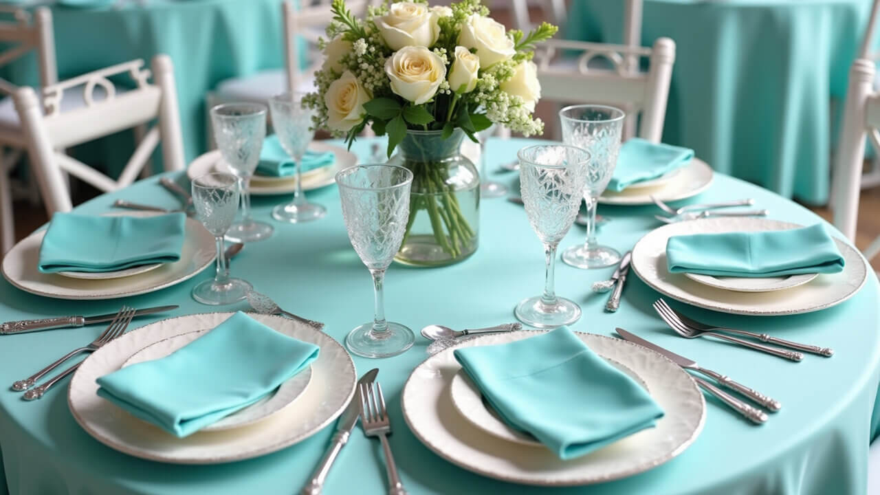 Decoração de casamento azul Tiffany com mesa elegante.