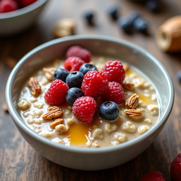 Receitas com Aveia Para um Café da Manhã Completo Tigela de aveia cremosa com frutas frescas, nozes e mel, um café da manhã nutritivo e delicioso.
