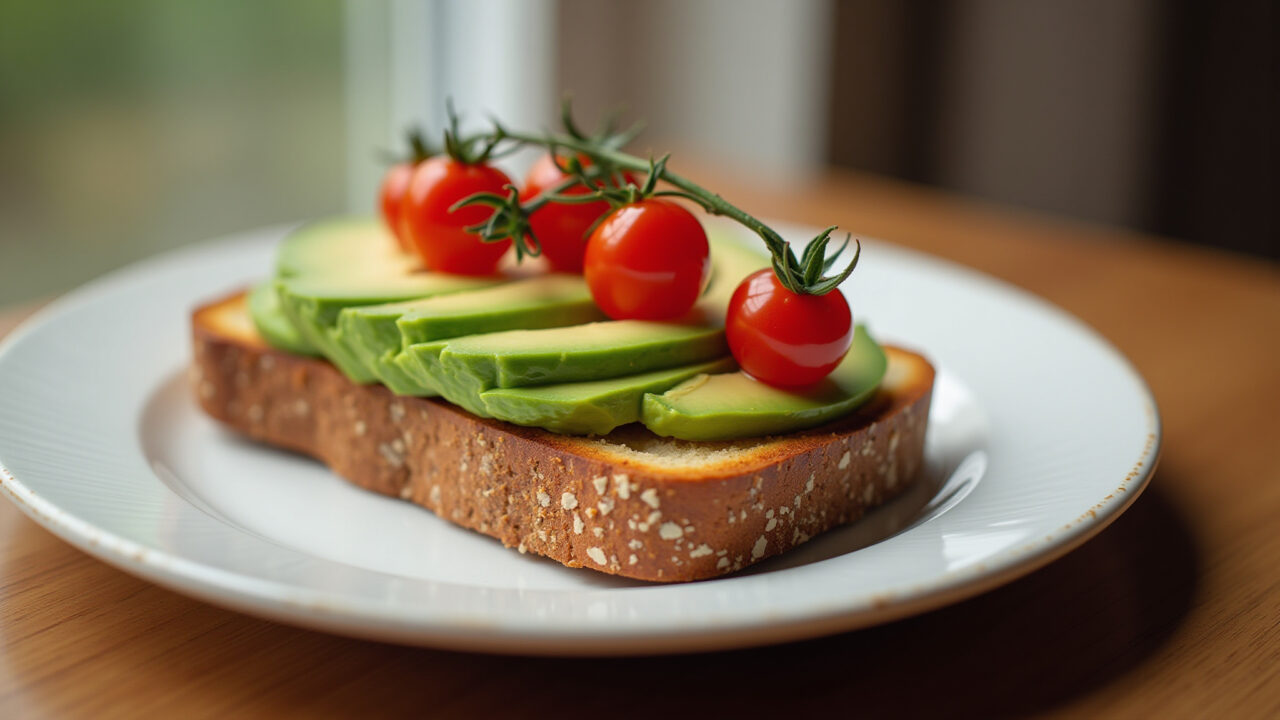 Toast with avocado and cherry tomatoes, professional photography, 8K, sharp focus, natural Torrada com abacate e tomate cereja.