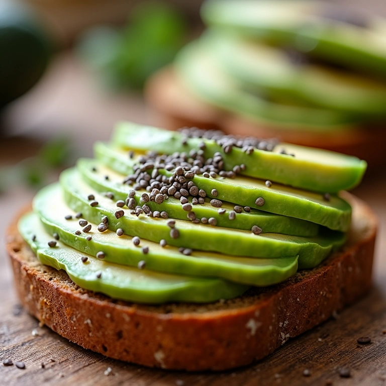 Torrada integral com abacate e chia, rica em gorduras boas.