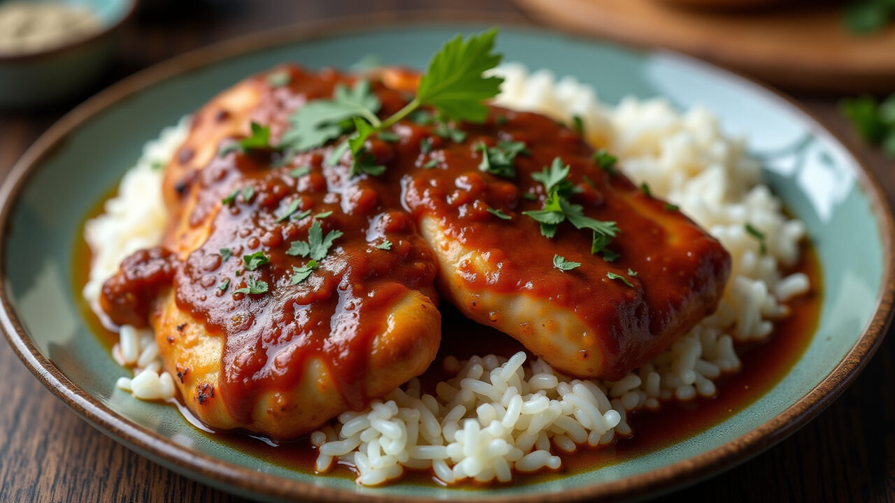 Traditional Brazilian chicken dish with dark sauce, rustic plate, Brazilian herbs, white rice, Frango ao molho pardo tradicional.