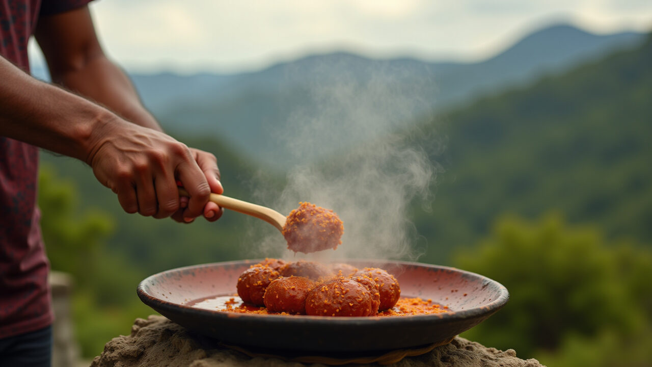 Traditional chimarrão being prepared, Brazilian landscape in the background, professional Chimarrão tradicional sendo preparado em paisagem brasileira.