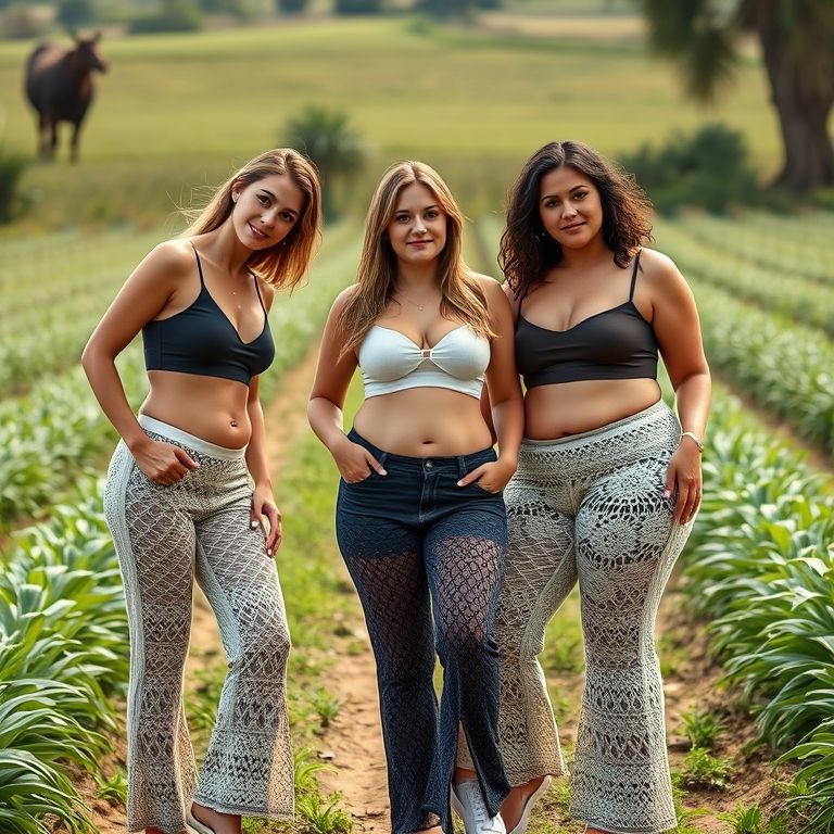 Três mulheres com diferentes tipos de corpos usando calças de crochê.