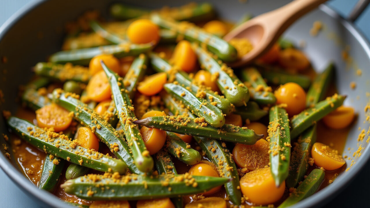 Turmeric baked okra, golden color, healthy spices, wooden spoon, natural light, lifestyle Quiabo com cúrcuma.
