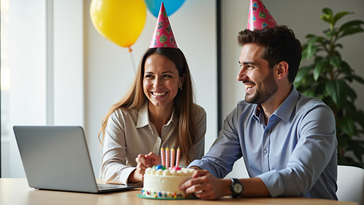 Two Brazilian colleagues celebrating a birthday at the office, with cake and balloons. Business Colegas de trabalho celebrando aniversário.